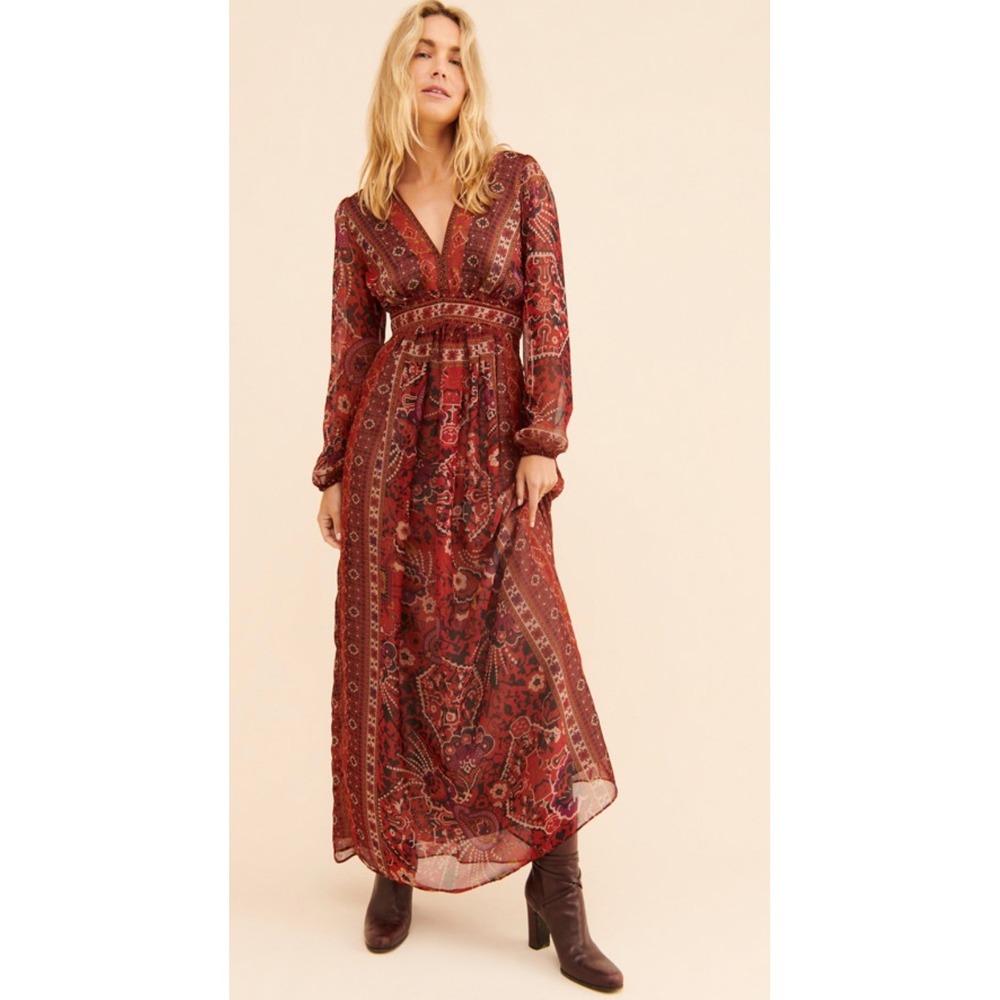 Ranna Gill Maxi Dress Womens 10‎ Orange NWT Boho Paisley V-Neck Smocked Chiffon